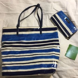 Kate Spade blue and white striped tote with wallet